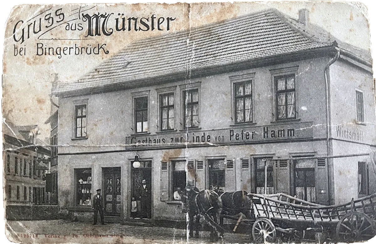 Vorderseite der alten Ansichtskarte – Gruß aus Münster bei Bingerbrück, 1908